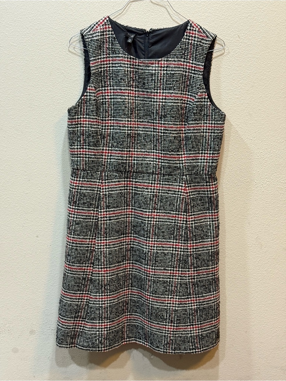 Talbots Houndstooth Red Black Tweed Wool Blend Sleeveless Shift Dress Career